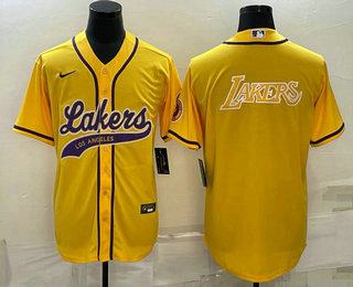 Mens Los Angeles Lakers Yellow Big Logo Cool Base Stitched Baseball Jersey->->NBA Jersey